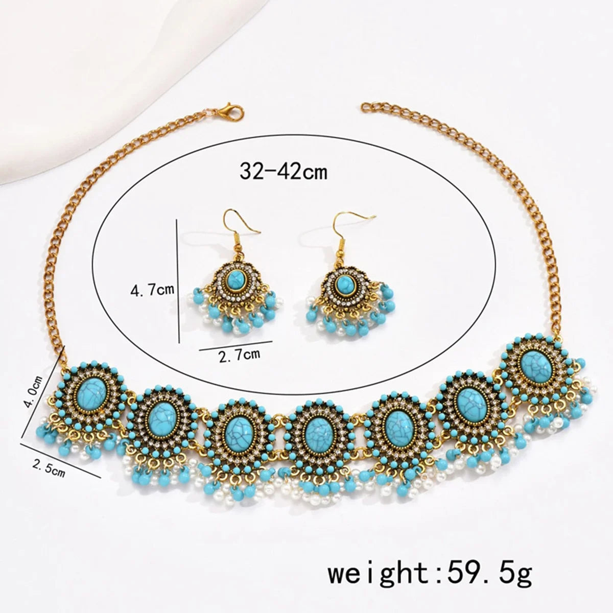 Vintage 2 piece Jewelry Set Inlaid Turquoise Stone Match Daily Wear Party Accessories Women's Necklace Earrings Sets