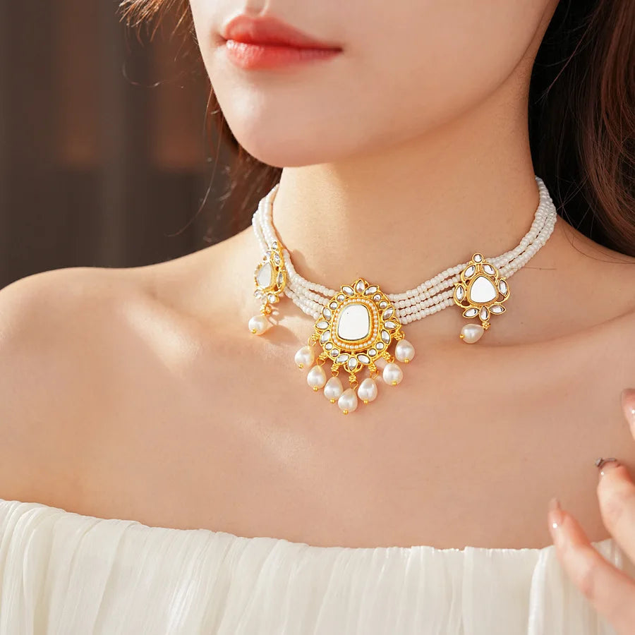 Vintage Light Luxury Wedding Jewelry Set for Women Water Drop Pearl Earrings Versatile High-end Retro Exaggerated Necklace