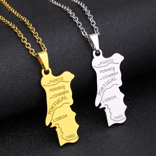 2024 new fashion stainless steel Portugal map pendant necklace temperament everything collarbone chain birthday anniversary gift