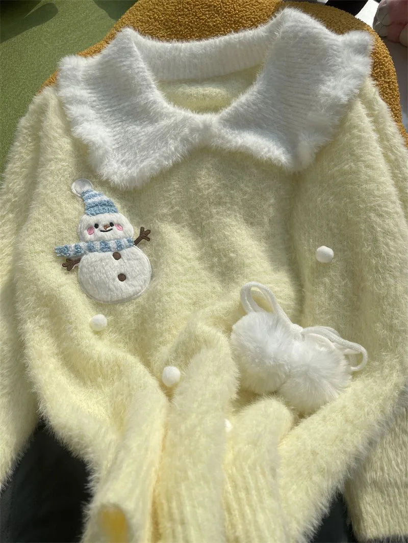 Sweet Faux Mink Cashmere Sweaters Women Kawaii Snowmen Long Sleeve Knitted Pullover Casual Cute Preppy Style Chic Loose Jumpers
