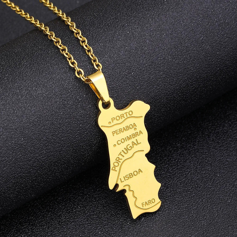 2024 new fashion stainless steel Portugal map pendant necklace temperament everything collarbone chain birthday anniversary gift