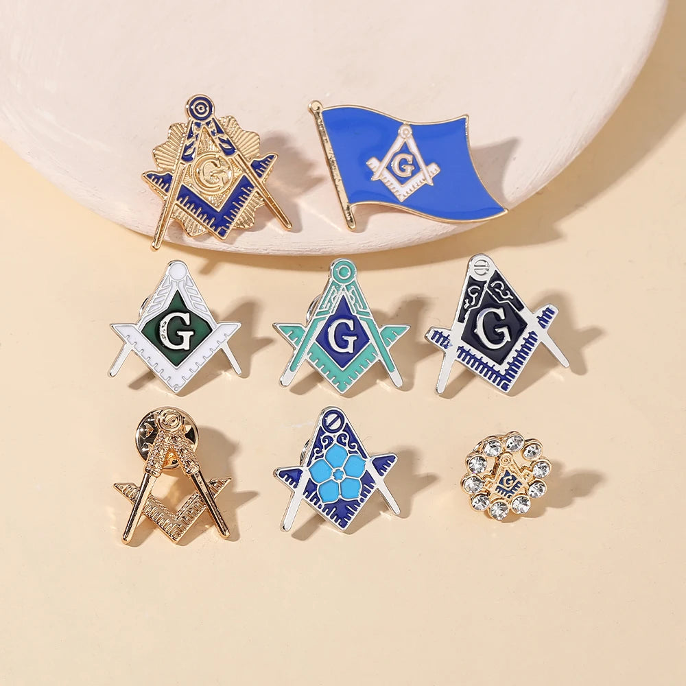 8 Styles Classic Masonic Symbols Enamel Brooches Funny Freemason Emblem Golden Pins