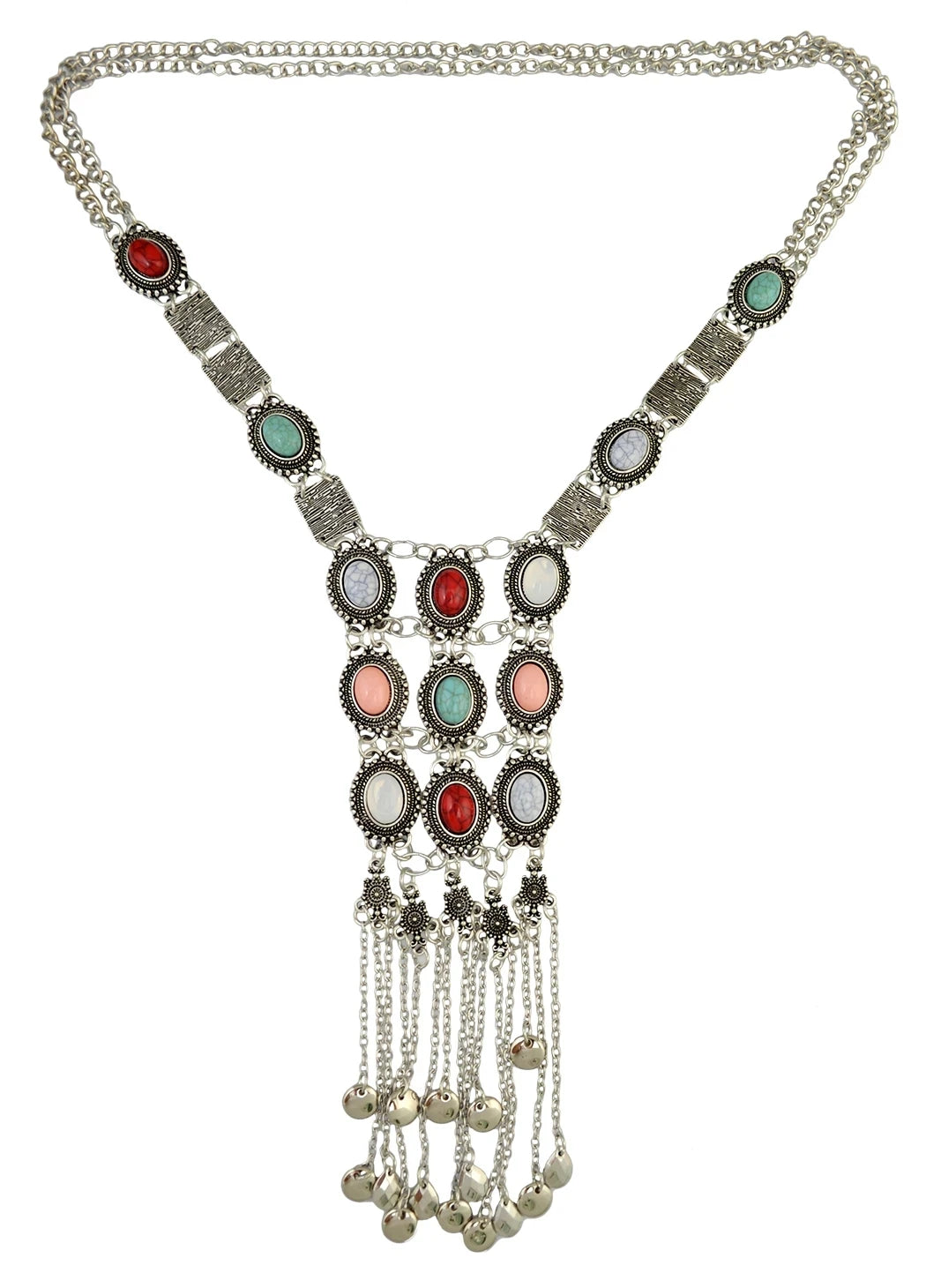 Vintage Silver Plated Gold Plated Chain Bead Stone Long Tassel Pendant Women's Necklace Suitable for Women's Party Jewelry Gifts