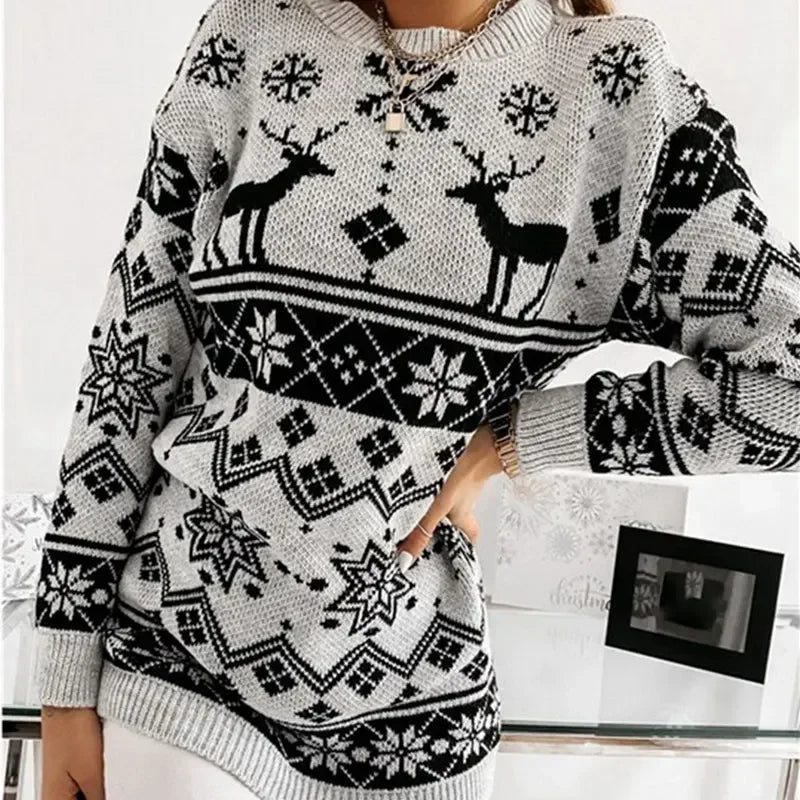 2025 Winter Women's Christmas Sweater Elk Print Knitted Jumpers Full Sleeve O Neck Casual Loose Knitwear Pullover Tops Xmas Look