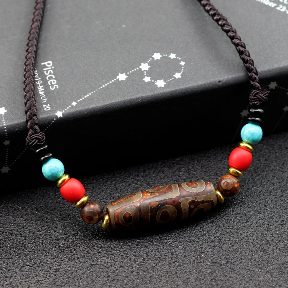 Tibetan Buddhism 9 Eyed Celestial Bead Necklace Healing Amulet Jewelry Ethnic Style Agate Dzi Beads Pendant Sweater Rope Chain