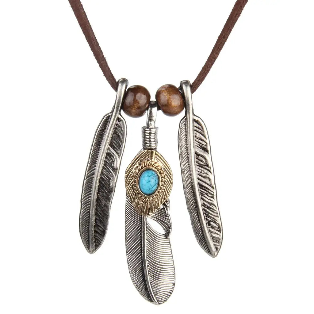 Vintage Alloy Tibetan Silver Turquoise Feathers Charms Necklace