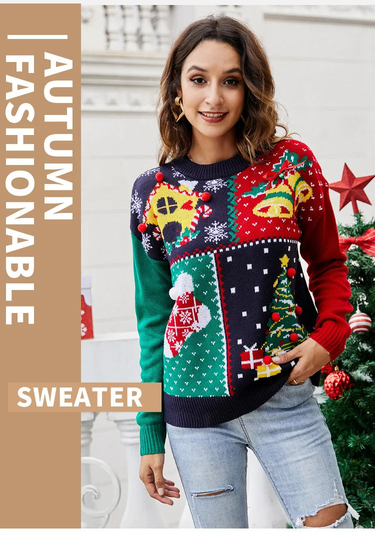 Christmas Sweater Women's Socks Christmas Tree Autumn/Winter New Round Neck Long Sleeve Loose Knitted Sweater 2024 Y2k Cloting