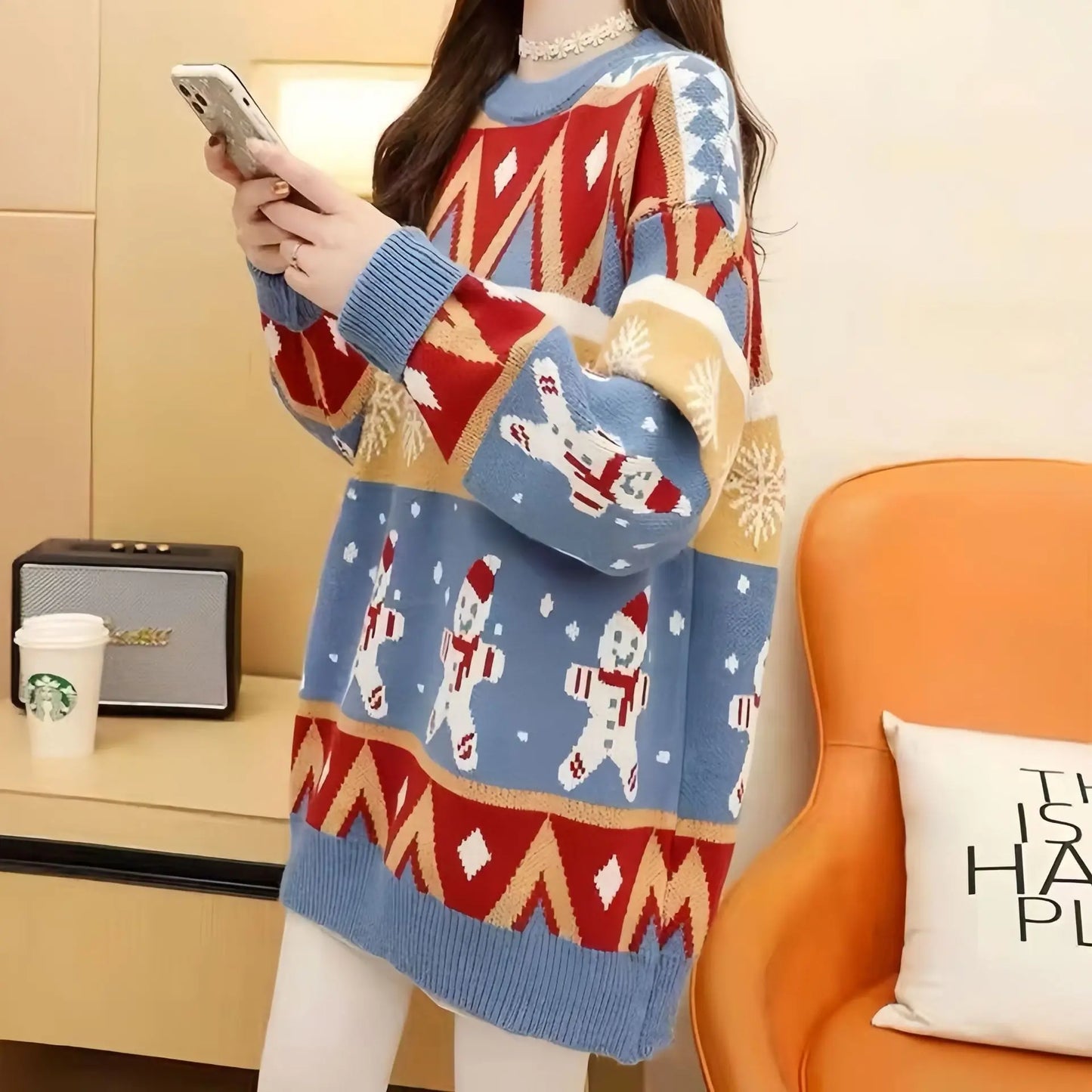 2025 Autumn Winter New Loose Oversized Sweater Women Christmas Snowflake Knitted Longline Thickened Pullover