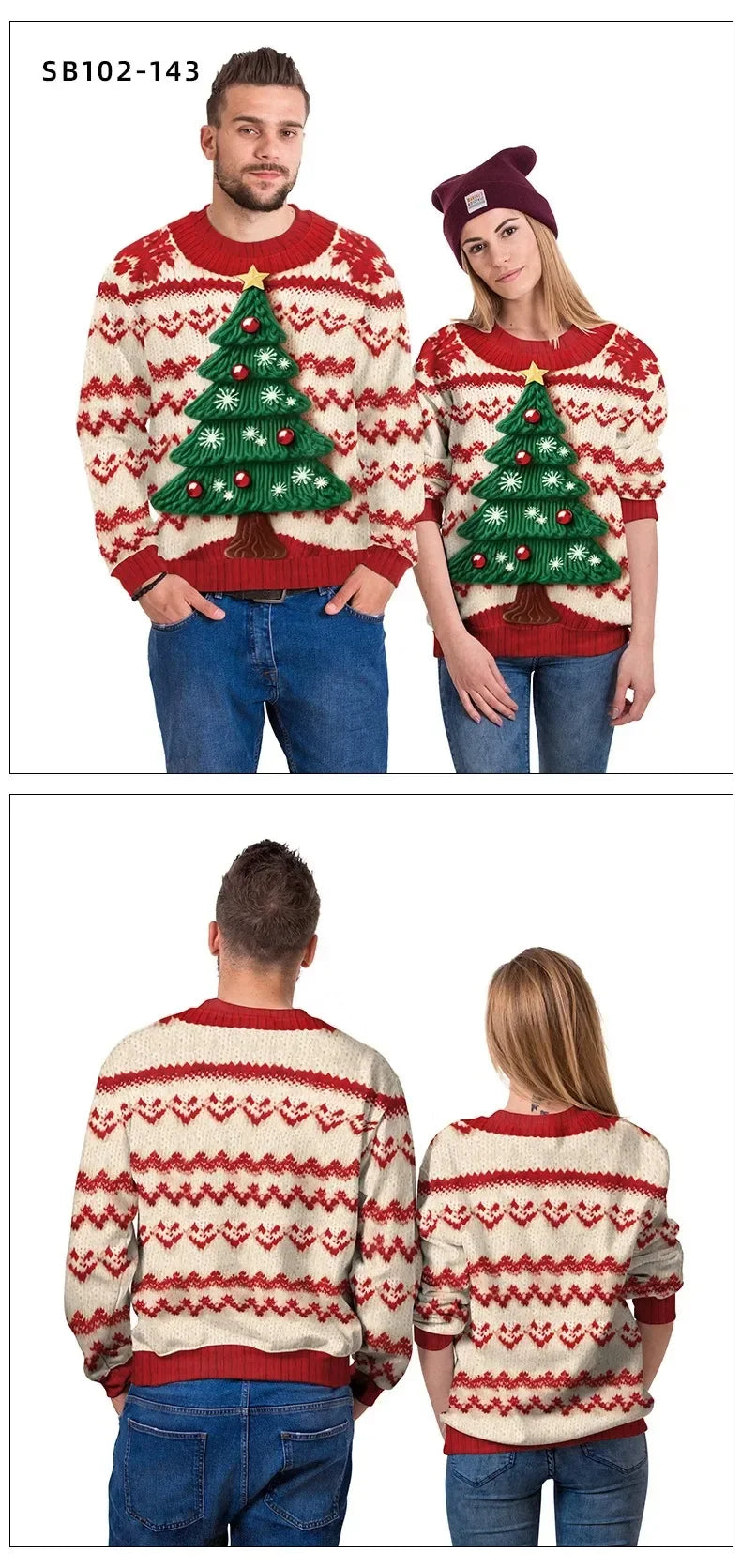 2024 Christmas Couples Sweatshirts Snowman Christmas Tree Pattern Costume Pullovers Winter Jumpers Warm Thicken Streetwear