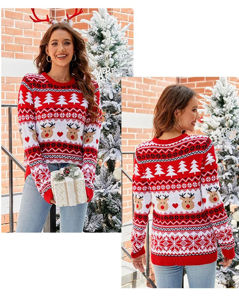 2025 New Trendy Lazy Style Printed Flannel Casual Pullover Christmas Knit Sweater For Women Autumn/Winter Knitted Sweater
