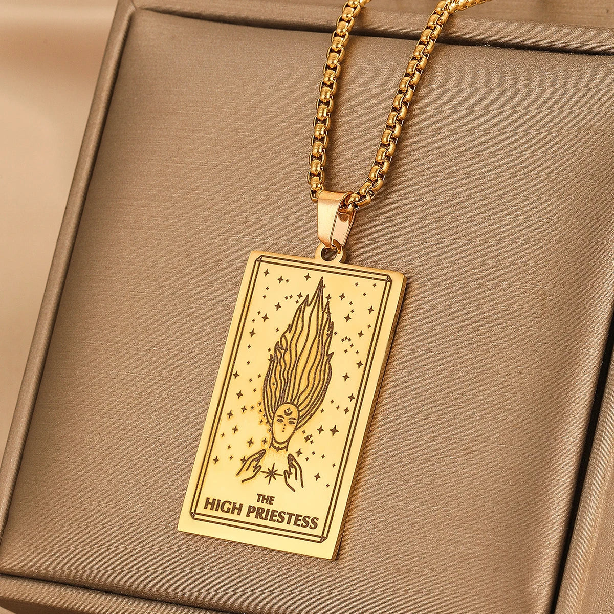 Vintage Moon Rose Flower Tarot Card Necklace Talisman Stainless Steel Libra Justice Necklace for Women Men Sun Amulet Jewelry
