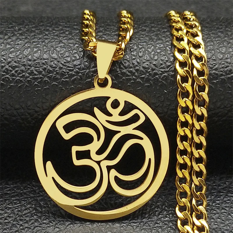 Yoga Lotus Om Symbol Pendant Necklace for Women Men Stainless Steel Gold Color Male Chain Buddhist Jewelry collar 8415-QKC
