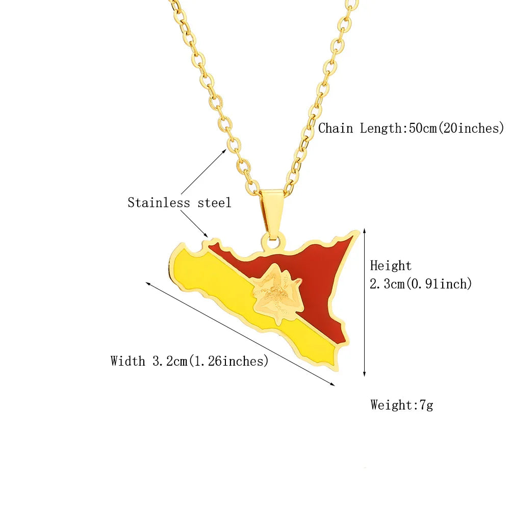 2024 New fashion stainless steel Sicily map and flag necklace for men and women couples ethnic style collarbone chain accessorie