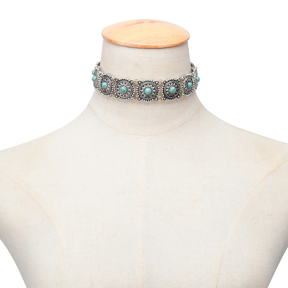 Vintage Alloy Carved Sun Pattern Choker Necklace for Women Traditional Boho Ethnic Round Collar Necklaces Statement Jewelry Gift