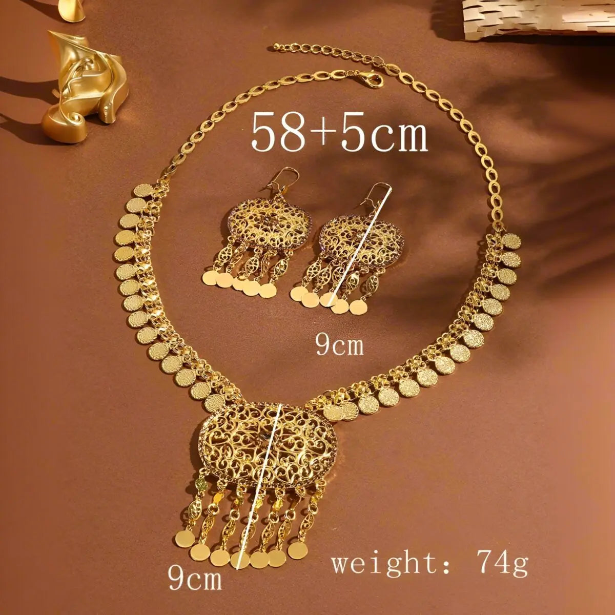 Afghan Fashion Golden Geometric Hollow Carving Rhinestone Coins Tassel Necklaces Earrings Women Kurdish Statement Jewelry Set