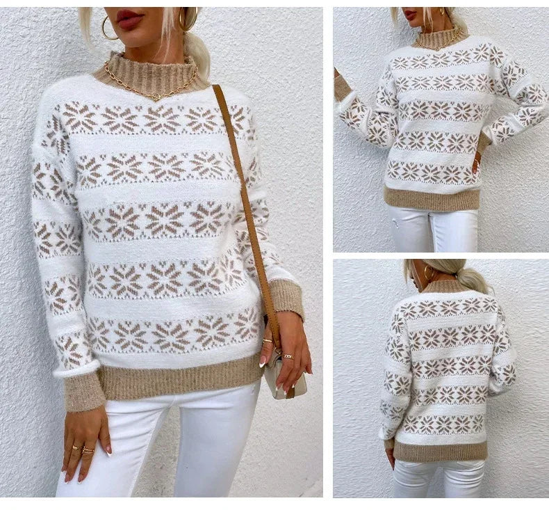 2025 Christmas Jumpers Women Mock Neck Full Sleeve Sweater Snowflake Jacquard Knitwear Warm Thick Pullover Top Xmas Party Look