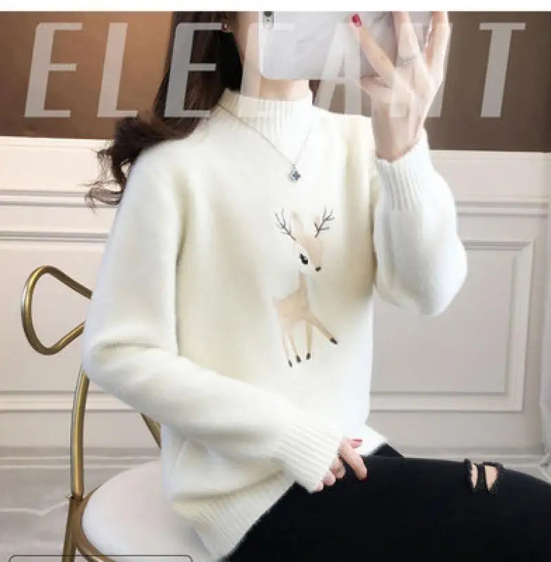 2023 Christmas Sweater Women Faux Mink Cashmere Half High Collar Pullover Fleece Winter Clothes Embroidery Deer Warm Jumper