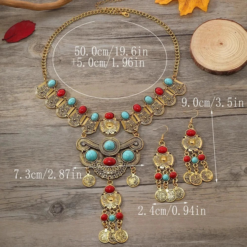 Western Jewelry Set Ethnic Vintage Imitation Turquoise Metal Coin Tassel Necklace And Earrings For Women Party Accessories