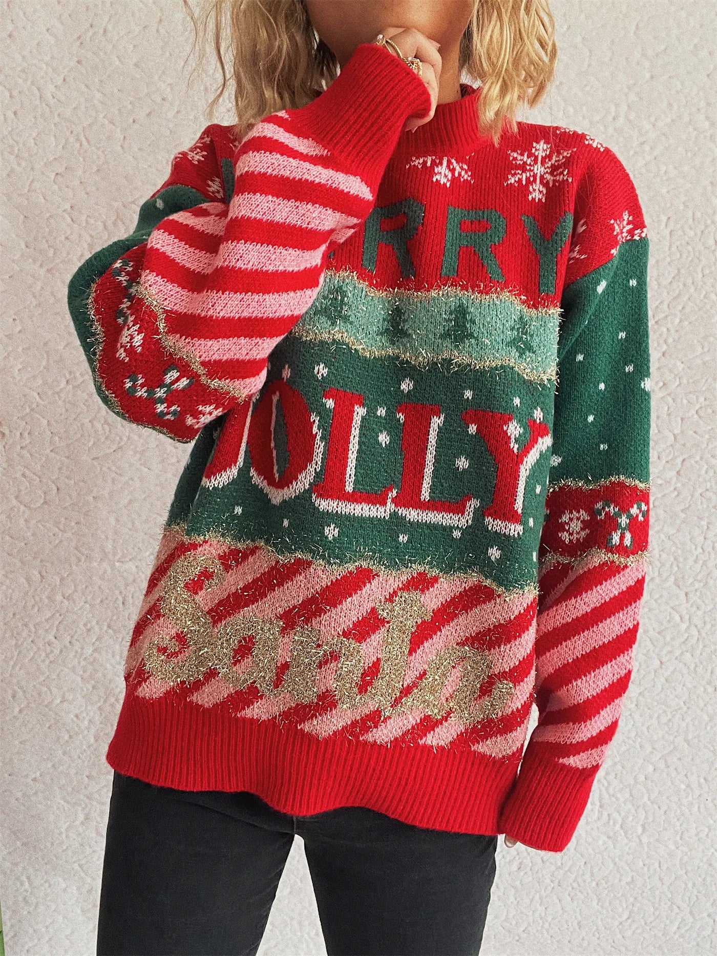 2025 Christmas Women's Jacquard Knit Sweater Round Neck Loose Fit Pullover Autumn Winter Long Sleeve Casual Red New Year Jumpers