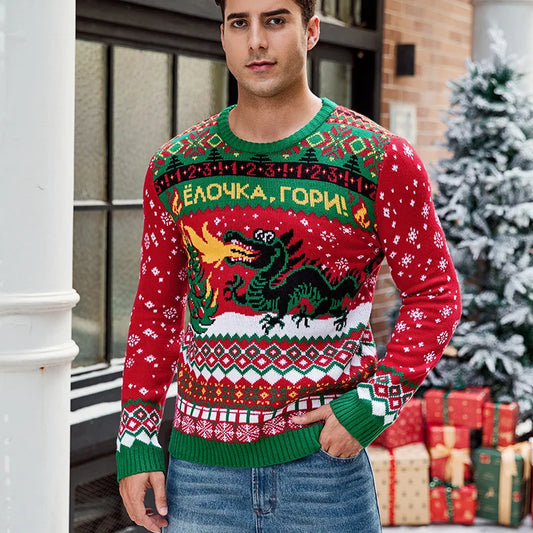 2025 Winter Christmas Men's Knitted Sweater Cartoon Print Full Sleeve O Neck Warm Soft Knitwear Adults Jumper Xmas Look Pullover