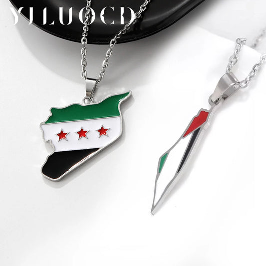 YILUOCD Stainless Steel Map of Syria Pendant Necklace Palestine and Syrian Drip Oil Map Necklace for Women Geography Jewelry