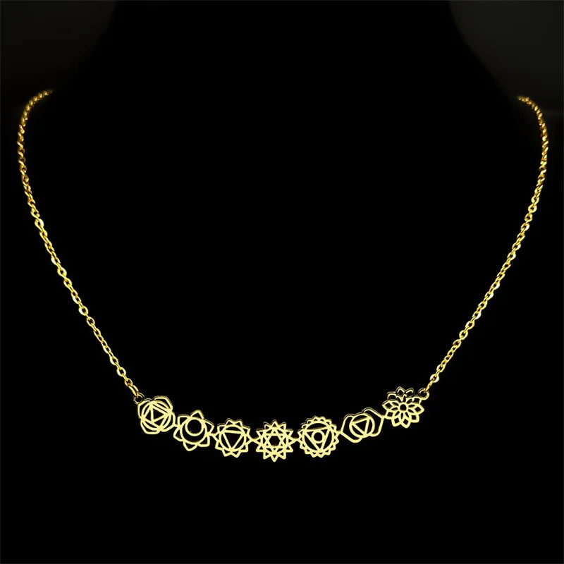 Yoga 7 Chakra Birth Flower Pendant Necklace for Women Girls Stainless Steel Gold Color Reiki Amulet Jewelry Mother's Day Gift