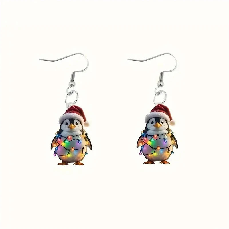 YAOLOGE Fun Leisure Santa's Hat Colorful Light Strip Penguin Earrings 2D Acrylic Design Women Winter Atmosphere Eardrop Gifts