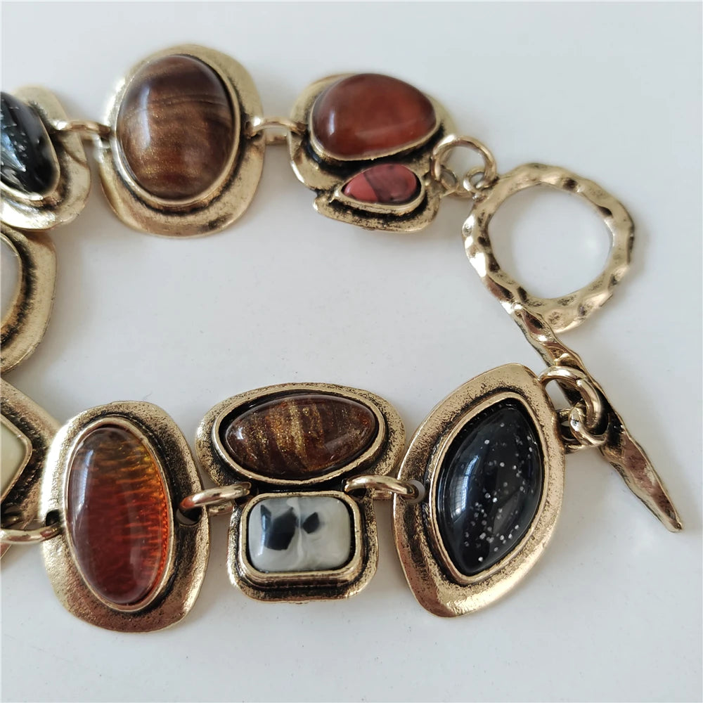 2025 New Indian Ethnic Vintage Bracelet Women Fashion Boho Statement Charm Metal Hollow Links Resin Stone Bracelets Jewelry