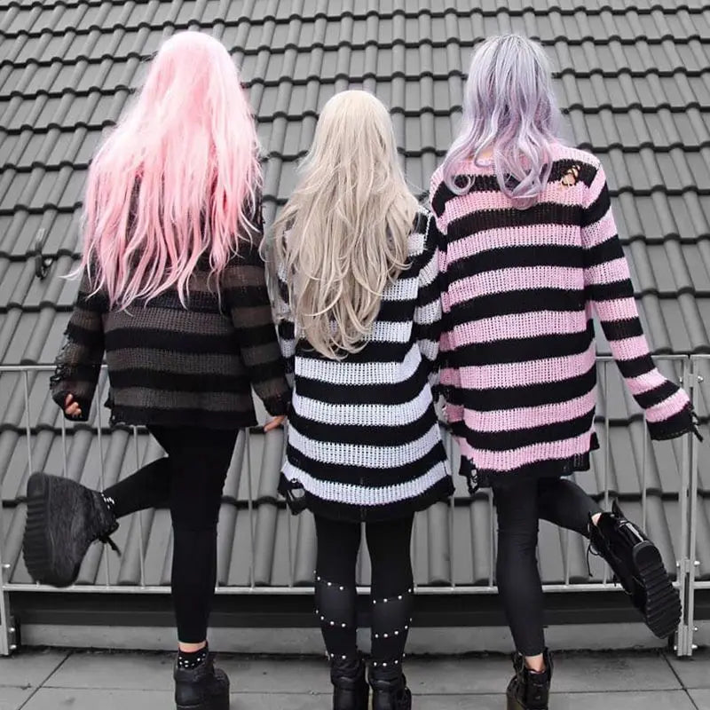 2024 Purple Striped Gothic Sweaters Women Ripped Holes Loose Knitted Pullover Frayed Fairy Grunge Jumpers Emo Streetwear Lolita