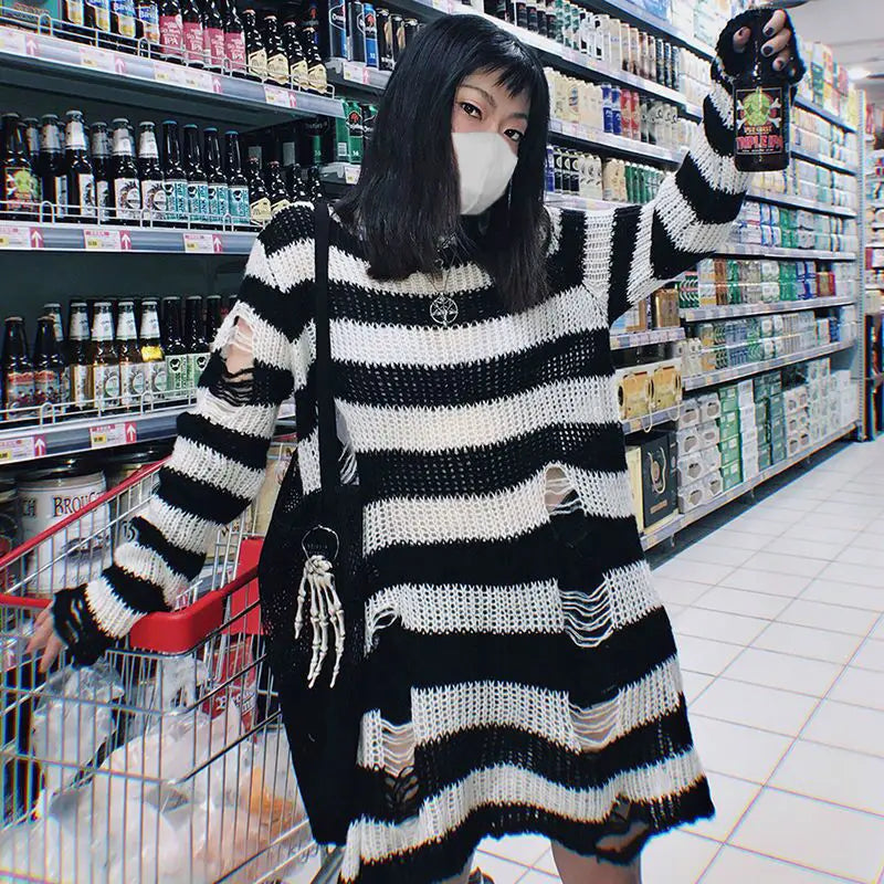 2024 Purple Striped Gothic Sweaters Women Ripped Holes Loose Knitted Pullover Frayed Fairy Grunge Jumpers Emo Streetwear Lolita