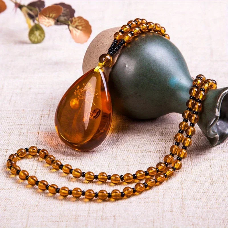 1pcs Amber Flotation Brine Beeswax Bead Necklace Honey Brazilian Amber Necklace Endant Handmade Ethnic Style Pendant Ornament