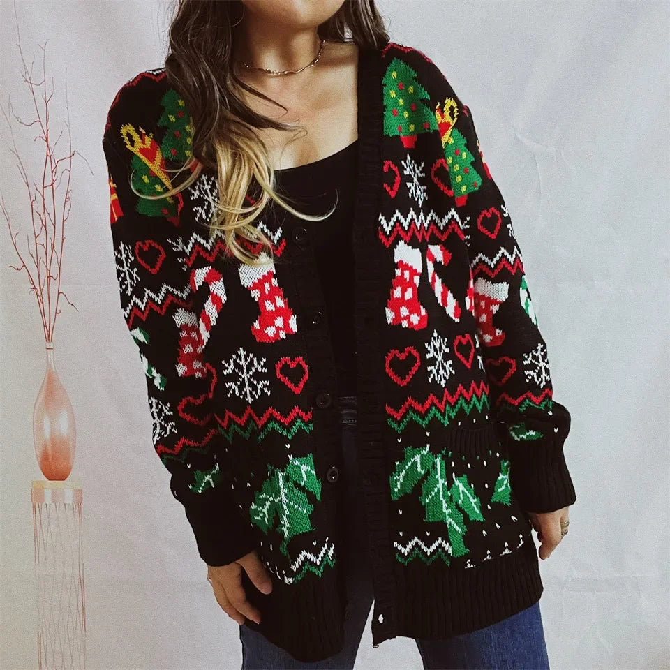2023 Cross-border Amazon Autumn/winter New Single-breasted V-neck Christmas Theme Knit Sweater Cardigan New Year