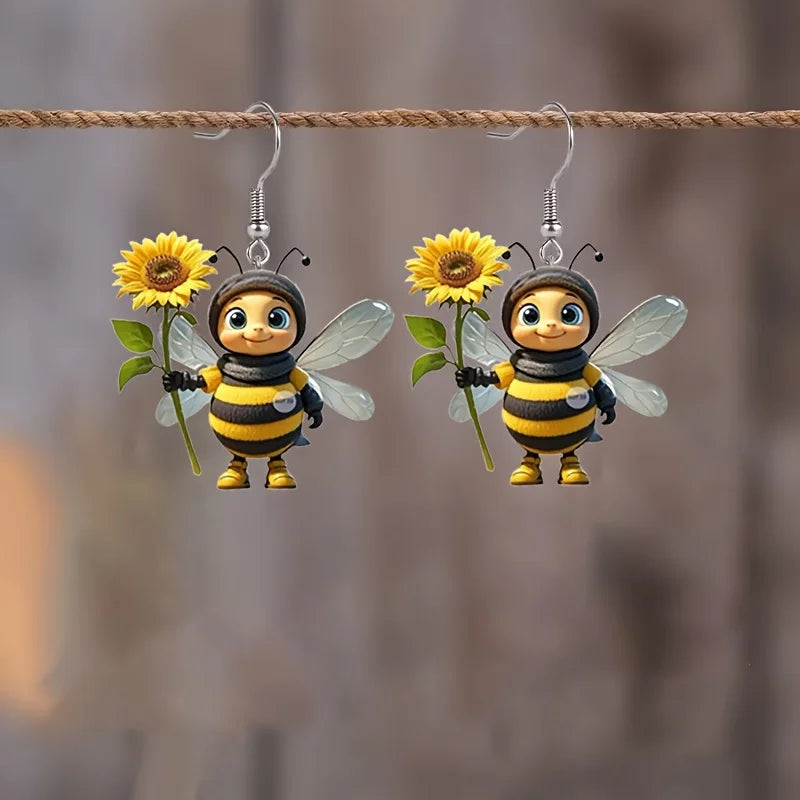 1 pair of original design little bee acrylic earrings holding sunflowers, a pair of beautiful and interesting ladies earrings g