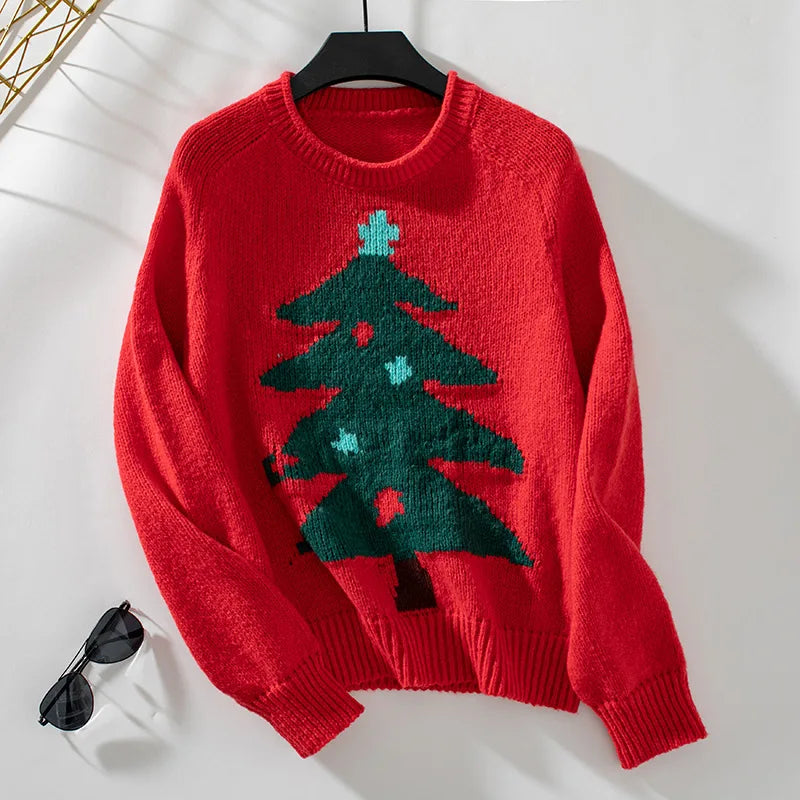 2024 Autumn Winter Women Christmas Tree Pattern Sweaters Casual Knitwear Crew-Neck Pullover Holiday Sweater Woman Pullovers