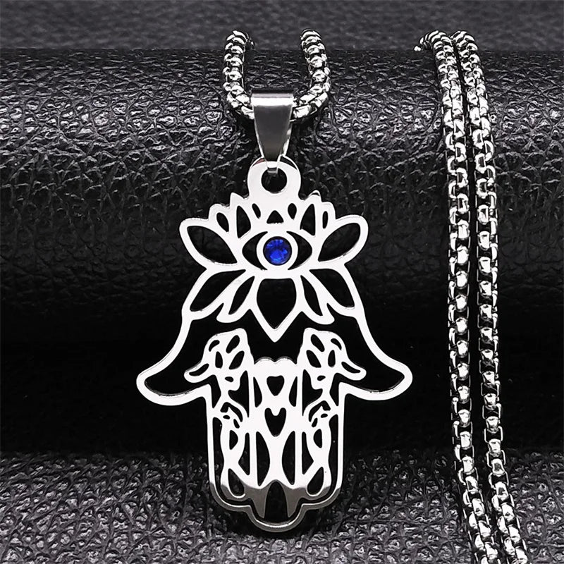 Hamsa Hand Stainless Steel Necklace Gold Color Amulet Hand of Fatima Necklaces Islamic Religious Arabic Jewelry mano de fatima