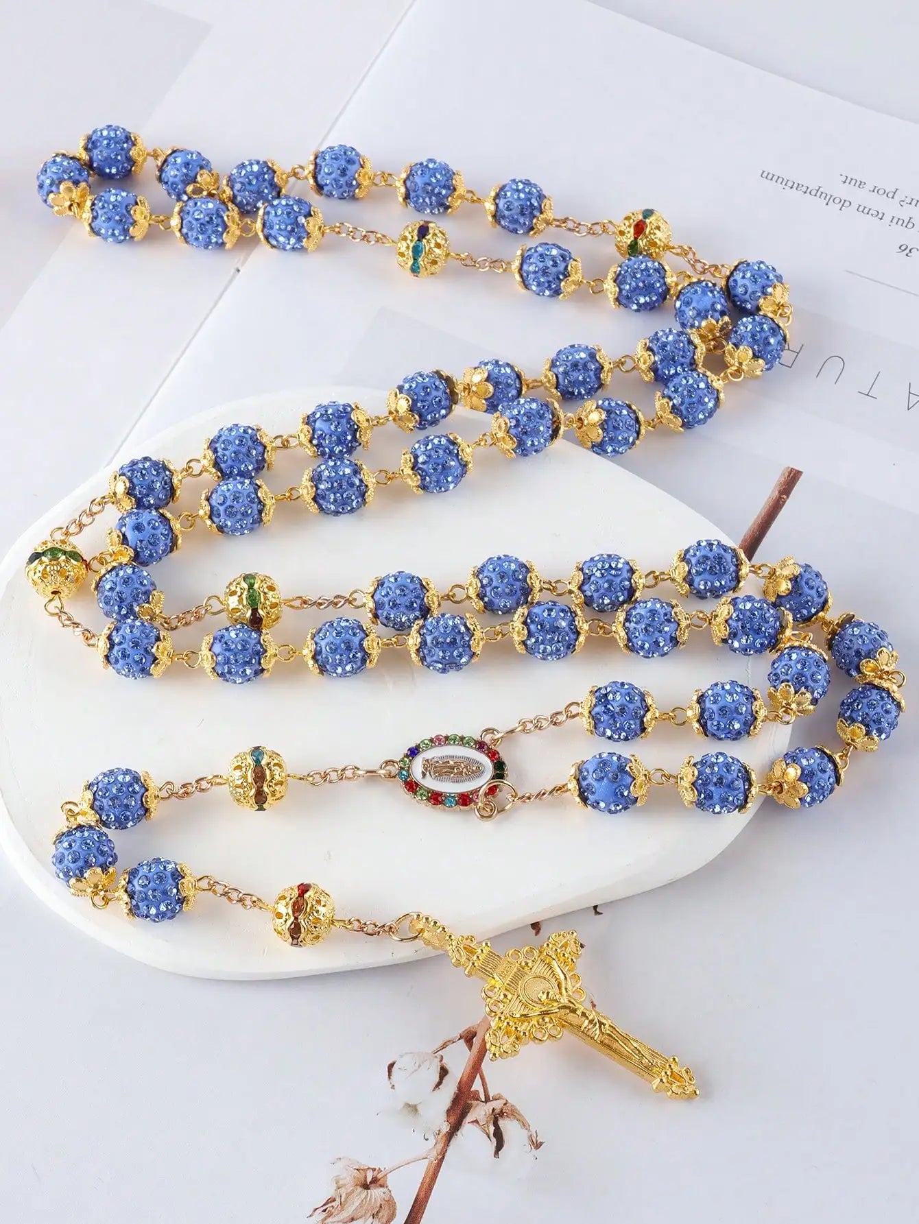 2025New Vintage Catholic 10mm 59 Crystal Rhinestone Beads Cross Necklace
