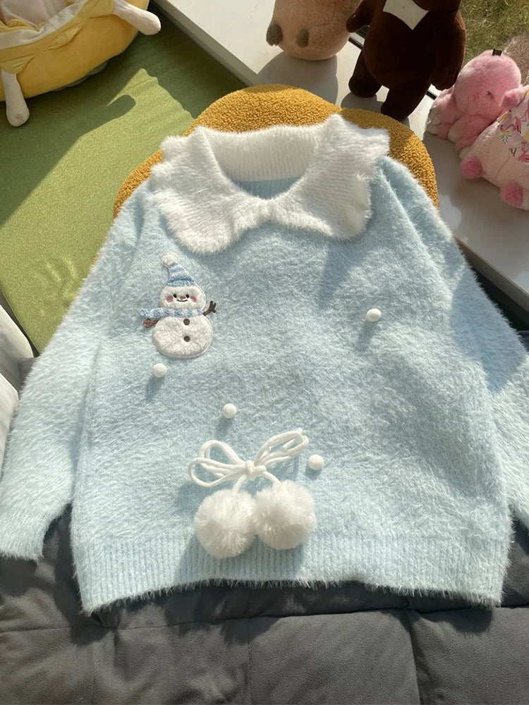 Sweet Faux Mink Cashmere Sweaters Women Kawaii Snowmen Long Sleeve Knitted Pullover Casual Cute Preppy Style Chic Loose Jumpers