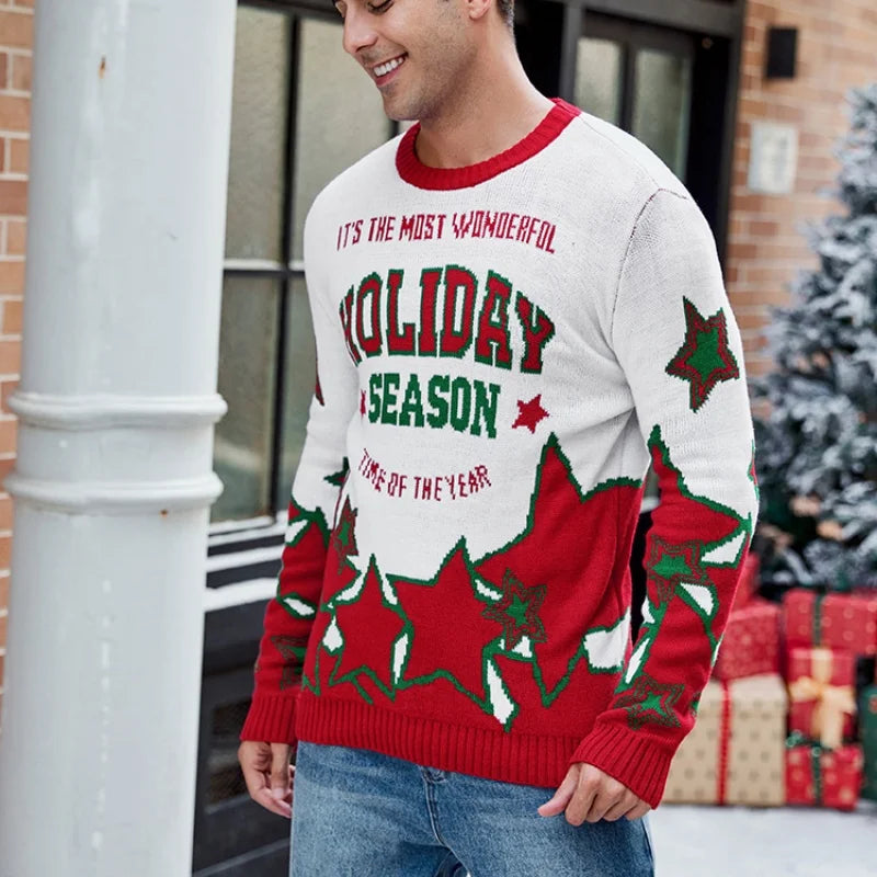 2025 Winter Christmas Men's Knitted Sweater Cartoon Print Full Sleeve O Neck Warm Soft Knitwear Adults Jumper Xmas Look Pullover