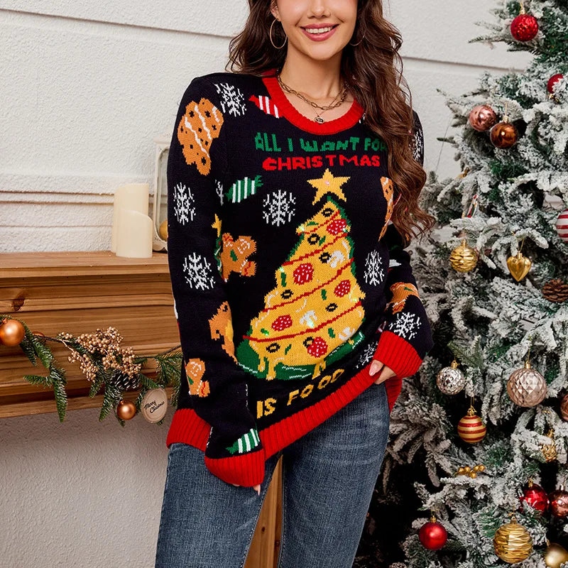 2025Women's Casual Loose Lazy Style Sweater Christmas Tree Color Block Jacquard Christmas Sweater Gift