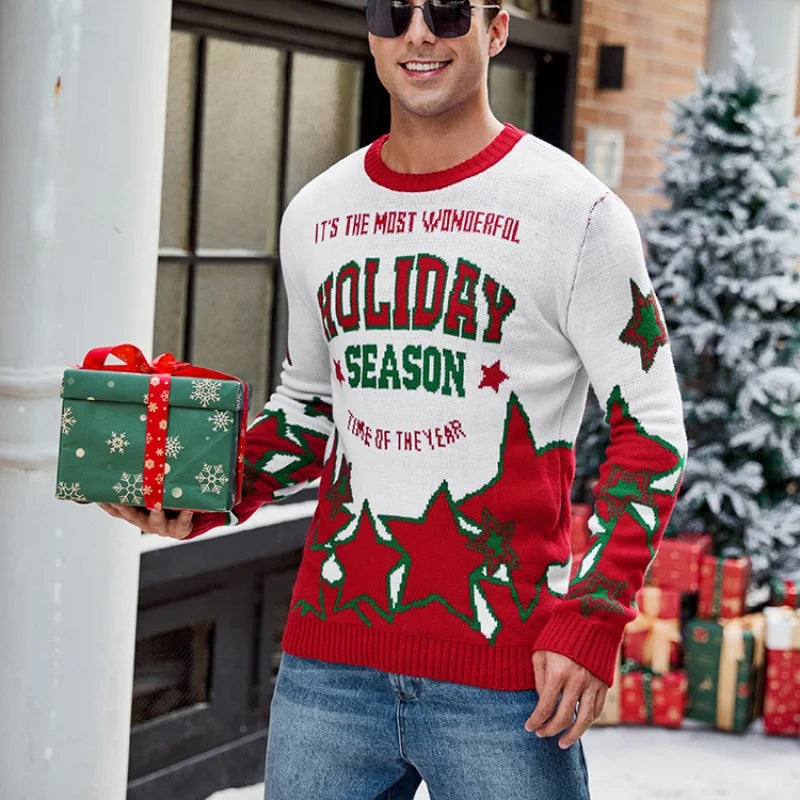 2025 Winter Christmas Men's Knitted Sweater Cartoon Print Full Sleeve O Neck Warm Soft Knitwear Adults Jumper Xmas Look Pullover