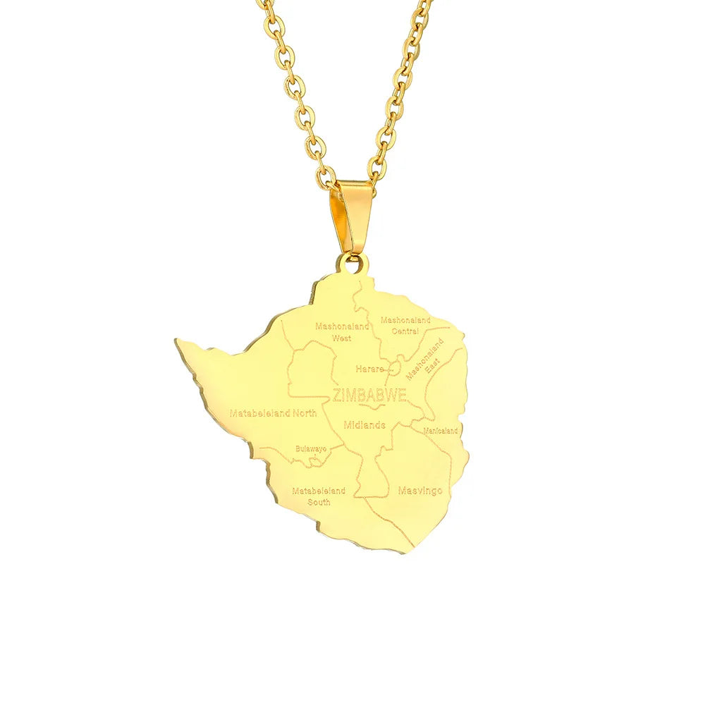 2024 new fashion stainless steel Zimbabwe city with map pendant necklace temperament everything collarbone chain birthday annive