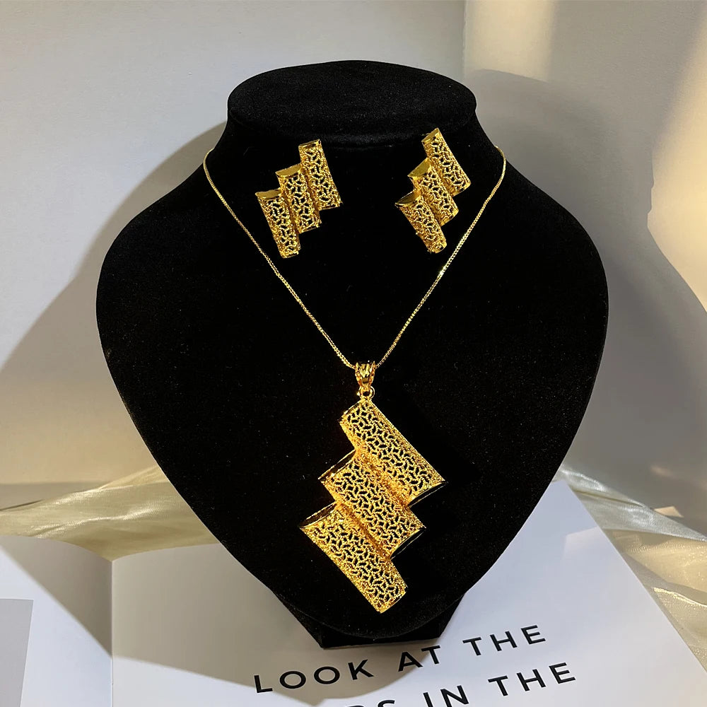 Dubai 24K Gold Color Long Jewelry Sets Wedding African Necklace Earrings For Women Nigerian Indian Bridal Set Party Gifts