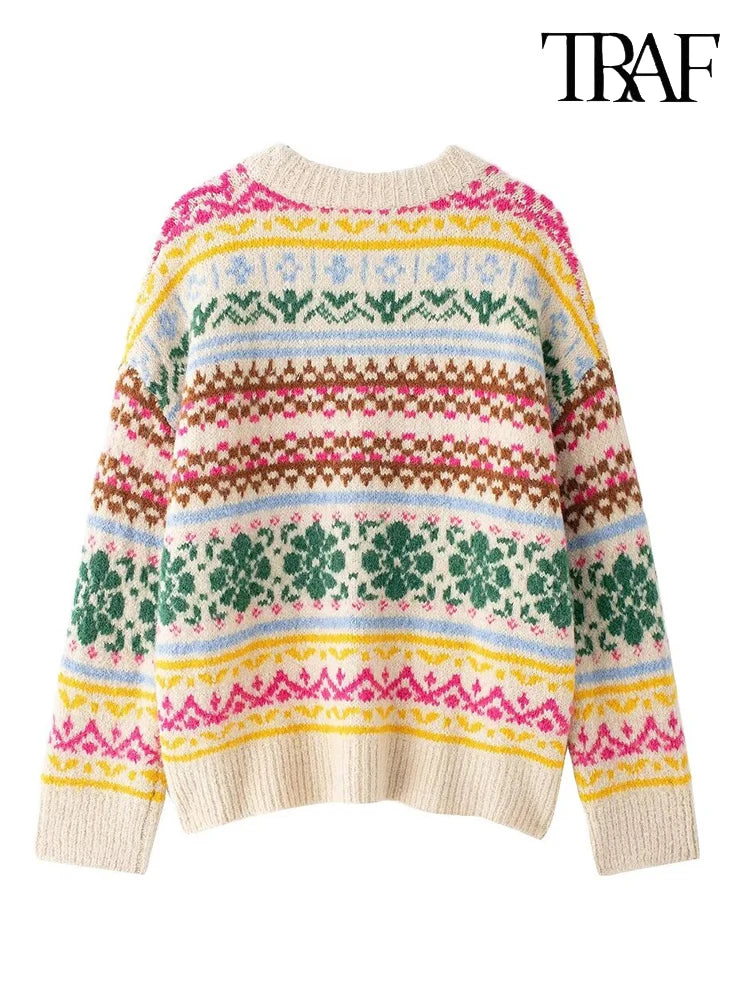 TRAF Women's Fashion 2024 Autumn and Winter Casual Loose Long Sleeve Round Neck Color-Collision Jacquard Knit Christmas Sweater