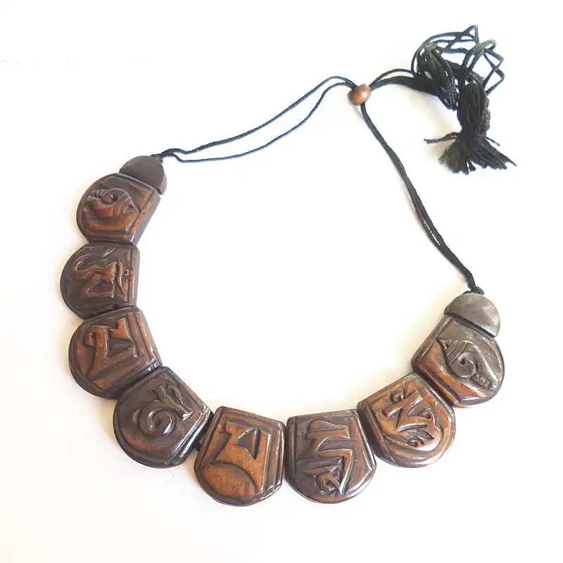 Tibetan Yak Bone Carved Six Words Mantras Amulet Statement Choker Necklace OM MANI PAD ME HUM TNL194