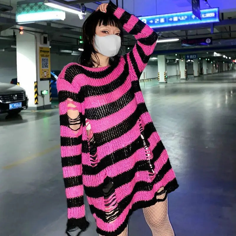 2024 Purple Striped Gothic Sweaters Women Ripped Holes Loose Knitted Pullover Frayed Fairy Grunge Jumpers Emo Streetwear Lolita