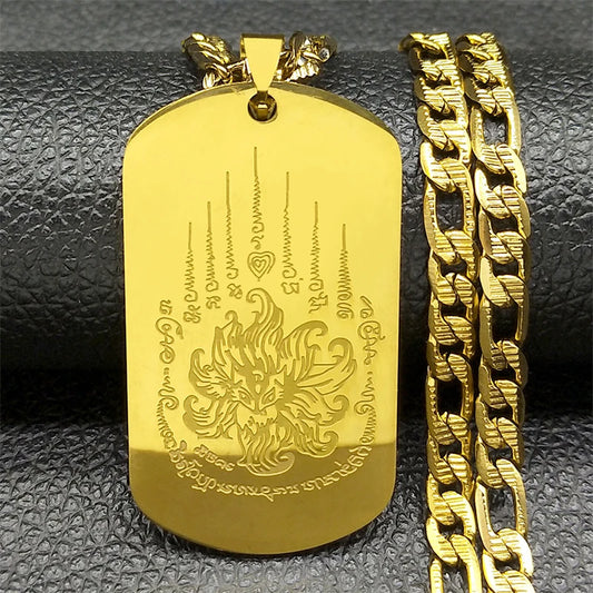Thai Buddhist Scriptures Lotus Tag Nine-tailed Fox Pendant Necklace for Women Men Stainless Steel Gold Color Buddhism Jewelry