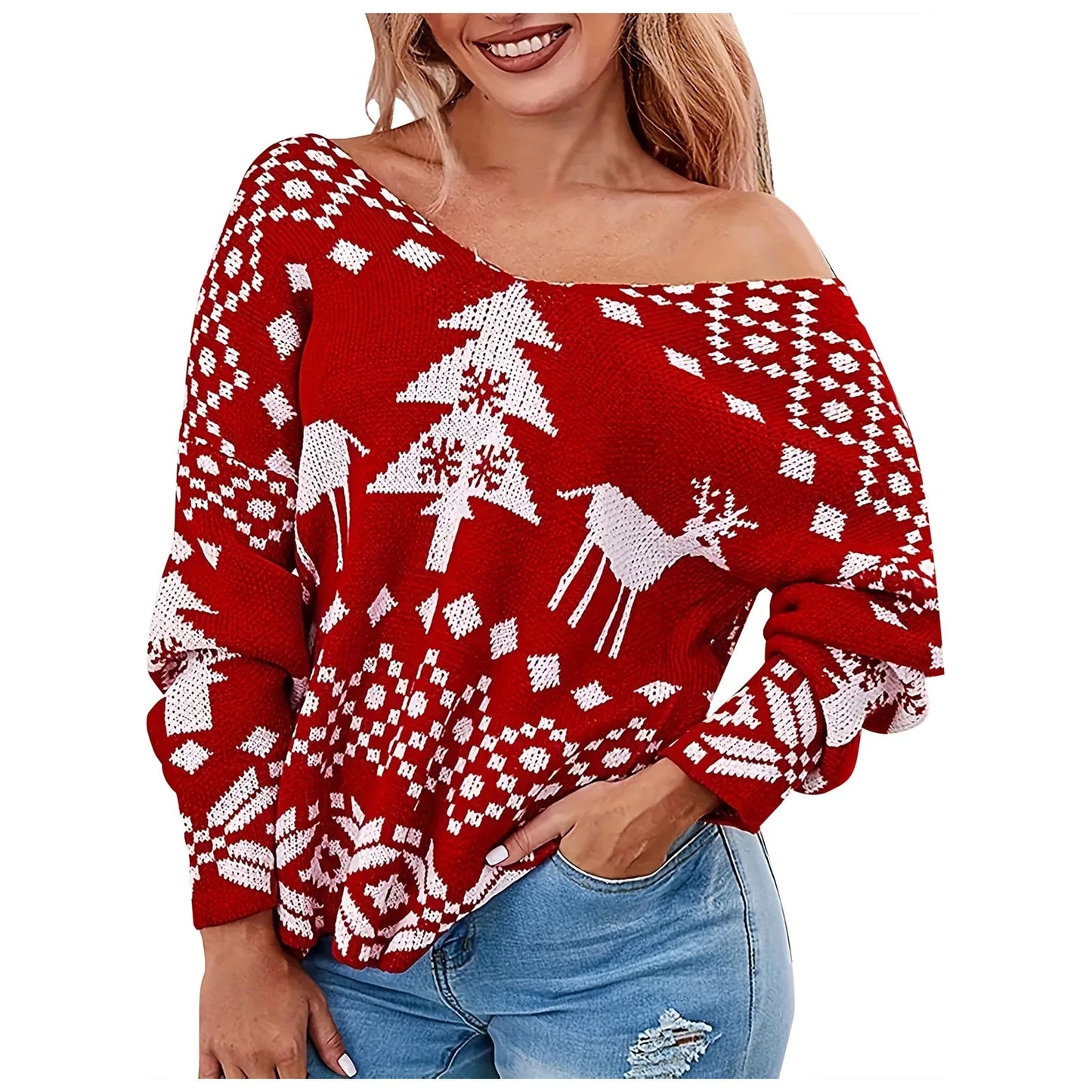 Women Knitwear Christmas Sweater Low Back Wrapped Knot Sexy Oversized Jumper Deep V-Neck Off Shoulder Hot Red Pullover Tops