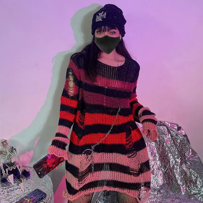2024 Purple Striped Gothic Sweaters Women Ripped Holes Loose Knitted Pullover Frayed Fairy Grunge Jumpers Emo Streetwear Lolita