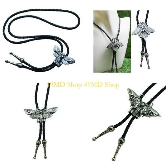 49MD Mens Gothic Western Bolo Tie Cowboy Necktie Metal Skull Moths Pedant Necklace