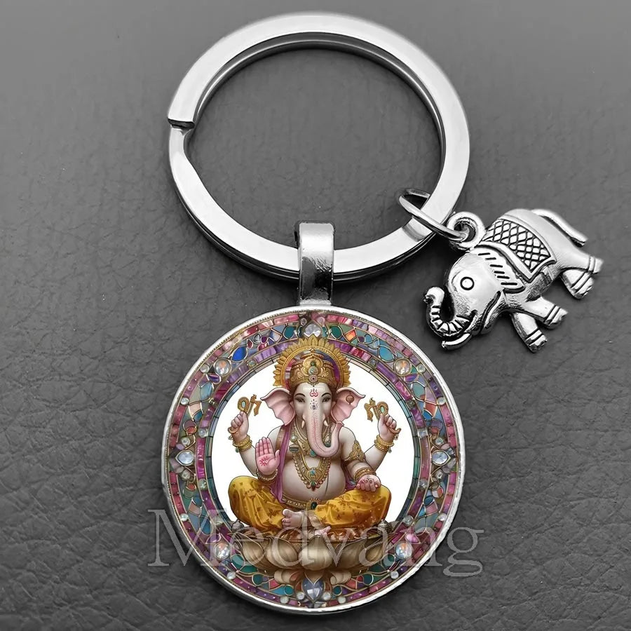 Sacred Elephant Ganesha Keychain Buddha keychain and key ring God Of Wealth Elephant glass key ring men and women bag decoration